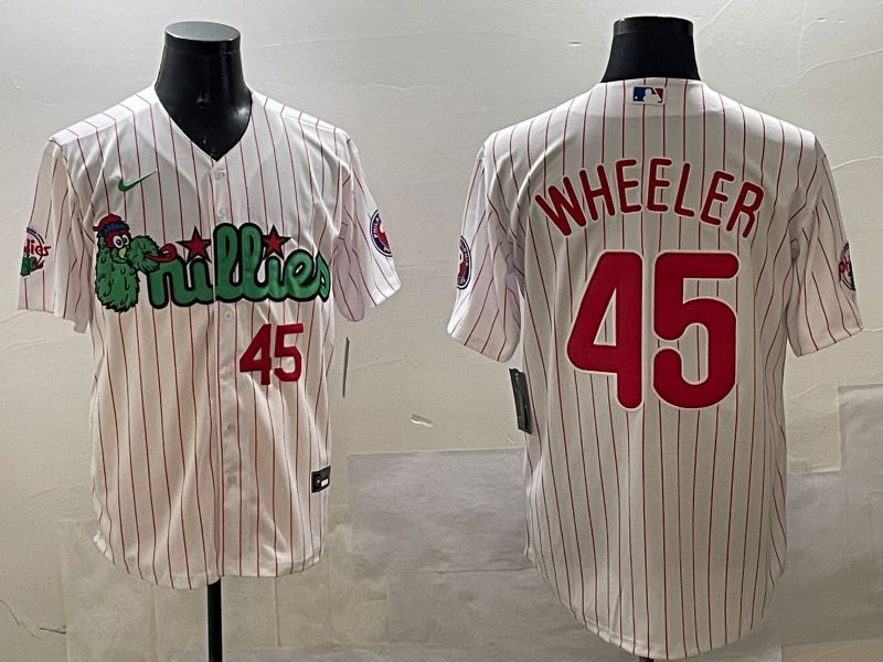 Men Philadelphia Phillies 45 Wheeler White Stripe Three generations Joint Name Game 2025 Nike MLB Jersey style 4